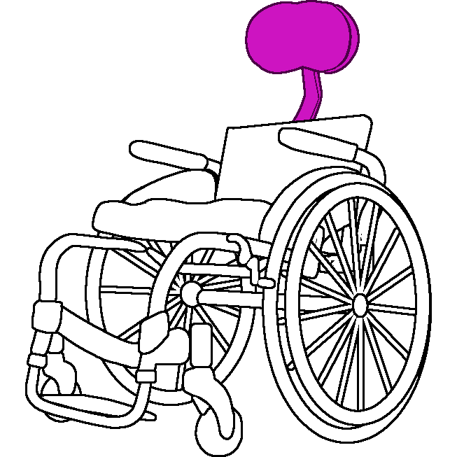 A black and white rigid wheelchair with a pink head rest on a stand.